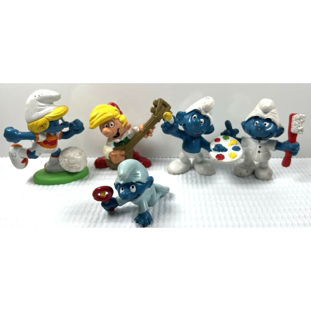 Smurfs Pewit SmurfsFigure Pee-Wee Mandolin Boy Vintage PVC Toy 1978-80 Lot of 5